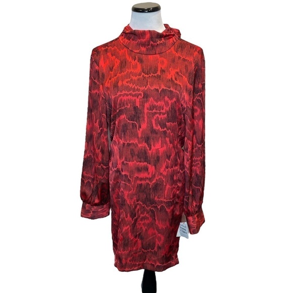 Open Edit Open Back Long Sleeve Satin Mini Dress Red Bloom Animal Camo Large New - Picture 2 of 7